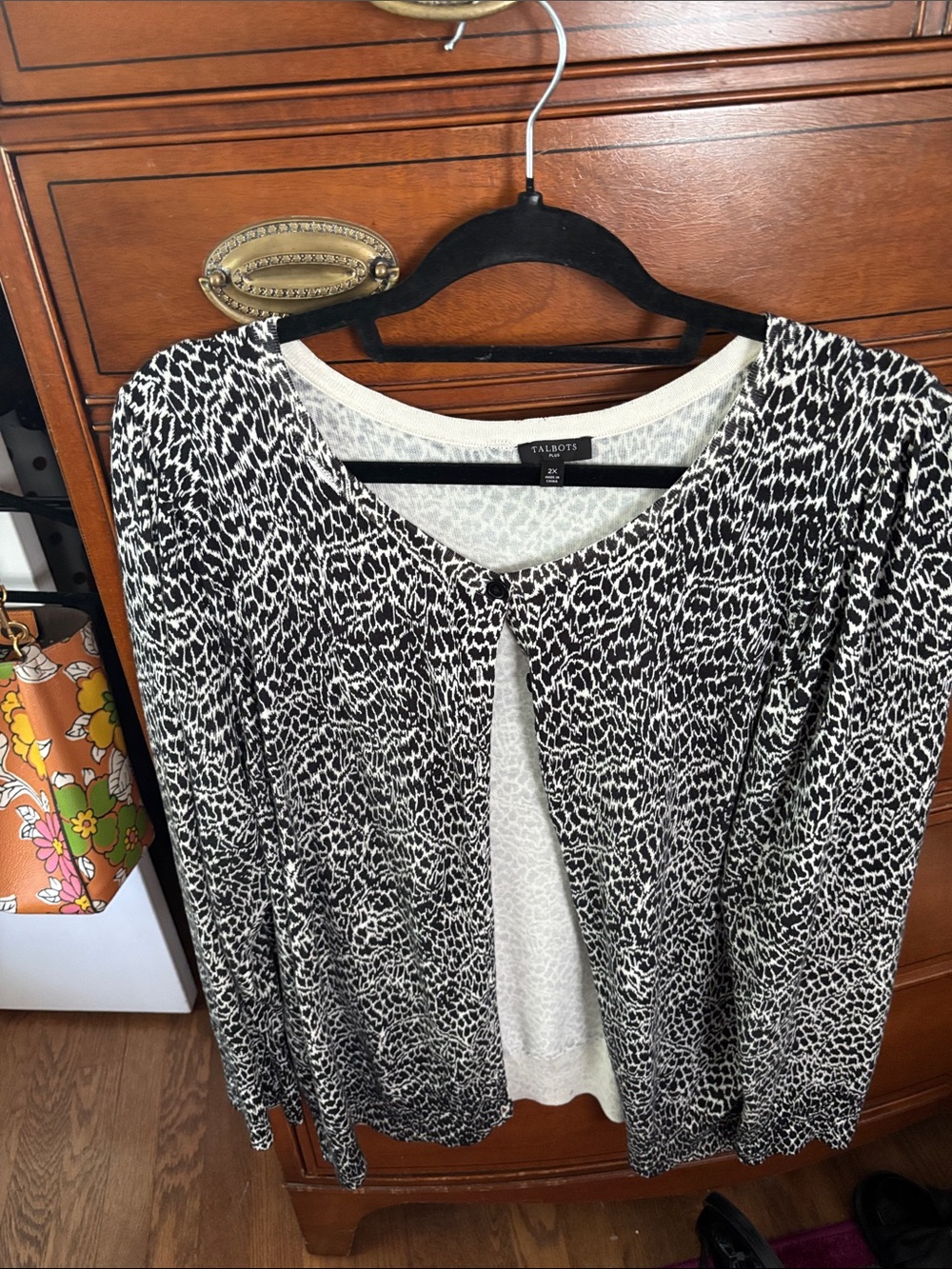 Talbots Black and White Animal-Print Charming Cardigan